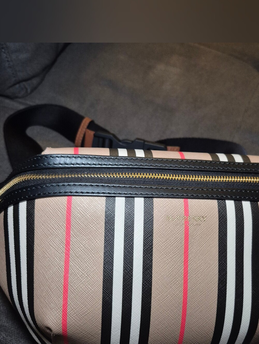 Burberry Striped Unisex Belt Bag in Beige, Black & Red